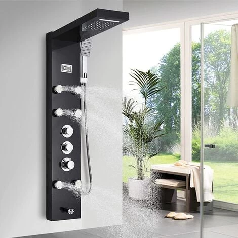 Thermostatic Shower Tower Panel With Temperature Screen 5 Functions Rainfall And Waterfall Shower Head Hand Sprayer Massage Jets Tub Spout Black Stainless Steel Bathroom Shower System 7 Thermostatic Shower Tower Panel With Temperature Screen 5 Functions Rainfall And Waterfall Shower Head Hand Sprayer Massage Jets Tub Spout Black Stainless Steel Bathroom Shower System - Image 5