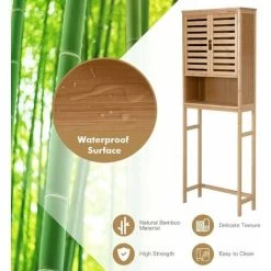 COSTWAY Over Toilet Cabinet, Bamboo Freestanding Washing Machine Rack With Adjustable Shelf And Louver Door, Bathroom Space Saver Laundry Tall Storage Cupboard Organiser Unit -Comfort Bathroom Store 72248540 3