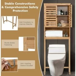 COSTWAY Over Toilet Cabinet, Bamboo Freestanding Washing Machine Rack With Adjustable Shelf And Louver Door, Bathroom Space Saver Laundry Tall Storage Cupboard Organiser Unit -Comfort Bathroom Store 72248540 4