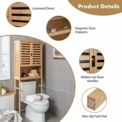 COSTWAY Over Toilet Cabinet, Bamboo Freestanding Washing Machine Rack With Adjustable Shelf And Louver Door, Bathroom Space Saver Laundry Tall Storage Cupboard Organiser Unit -Comfort Bathroom Store 72248540 5