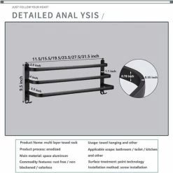 Aluminum Wall Mounted Towel Rail - 3 Layers - 60cm - Waterproof - Black - Suitable For Bathroom Kitchen Washroom -Comfort Bathroom Store 72507810 3