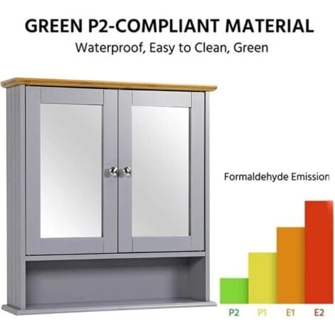 2 Doors Wall Cabinet Bathroom Mirror Cabinet Storage W/Adjustable Shelves, Gray 4 2 Doors Wall Cabinet Bathroom Mirror Cabinet Storage W/Adjustable Shelves, Gray - Image 2