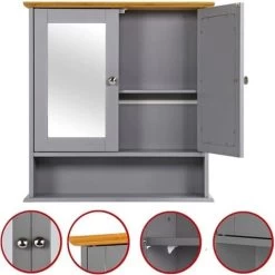 2 Doors Wall Cabinet Bathroom Mirror Cabinet Storage W/Adjustable Shelves, Gray 9 2 Doors Wall Cabinet Bathroom Mirror Cabinet Storage W/Adjustable Shelves, Gray -Comfort Bathroom Store 74439661 3