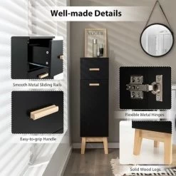 COSTWAY Bathroom Storage Cabinet, Floor Standing Wooden Cupboard With Drawer, Adjustable Shelves And Single Door, Slim Tall Side Cabinet Organiser Unit For Living Room Bedroom Hallway (Black) -Comfort Bathroom Store 75067125 5