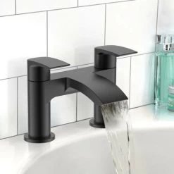 Black Matt Waterfall Bath Filler Tap Lever Round Deck Mounted Modern