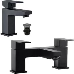 Matt Black Bathroom Tap Set Bath Filler & Basin Mixer Tap With Clicker Waste