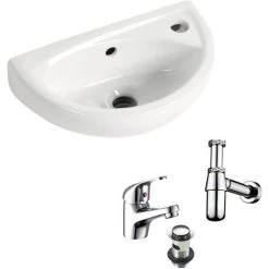Small Compact Tiny Bathroom Cloakroom Basin Sink Wall Hung Curved With Tap & Bottle Trap