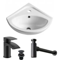 Comfort Bathroom Store 17 Wall Hung Corner Basin Sink Including Black Waterfall Tap & Bottle Trap