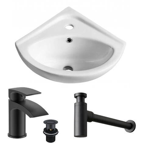 Wall Hung Corner Basin Sink Including Black Waterfall Tap & Bottle Trap 3 Wall Hung Corner Basin Sink Including Black Waterfall Tap & Bottle Trap