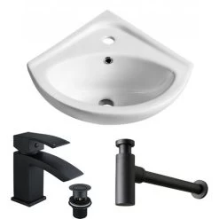 Wall Hung Corner Basin Sink Including Black Waterfall Tap & Bottle Trap