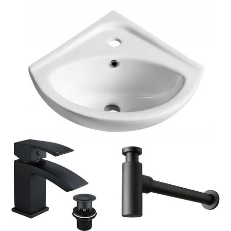 Wall Hung Corner Basin Sink Including Black Waterfall Tap & Bottle Trap 3 Wall Hung Corner Basin Sink Including Black Waterfall Tap & Bottle Trap