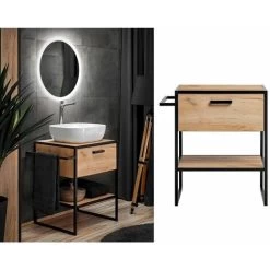 Bathroom Vanity Unit 700 Countertop Sink Floor Cabinet Black Metal Oak Finish Loft Freestanding Drawer Brook