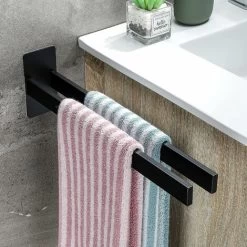 Double Angular Stainless Steel Towel Bar Self-Adhesive Towel Rack Towel Racks Wall For Bathroom Kitchen, Black Matt Towel Holder -Comfort Bathroom Store 81451586 3