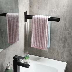 Double Angular Stainless Steel Towel Bar Self-Adhesive Towel Rack Towel Racks Wall For Bathroom Kitchen, Black Matt Towel Holder -Comfort Bathroom Store 81451586 4