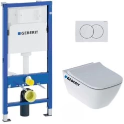 Geberit Toilet Set Duofix Support Frame + Geberit Smyle Rimfree Toilet + Softclose Seat + White Flush Plate (SmyleGeb1)