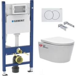 Geberit Toilet Set Support Frame 112cm + Swiss Aqua Technologies Rimless Toilet + White Flush Plate + Insulation Set