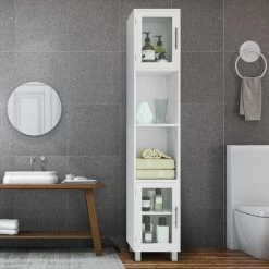 Bathroom Tall Cabinet Slim Freestanding Storage Organizer Cupboard 2 Glass Doors -Comfort Bathroom Store 84708936 3