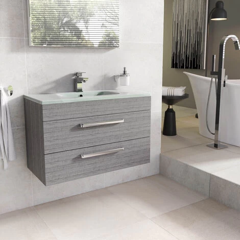 Hollton 800mm Grey Wood Effect Wall Hung 2 Drawer Vanity Unit With White Glass Sink 3 Hollton 800mm Grey Wood Effect Wall Hung 2 Drawer Vanity Unit With White Glass Sink