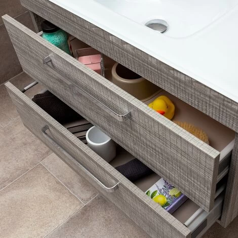 Hollton 800mm Grey Wood Effect Wall Hung 2 Drawer Vanity Unit With White Glass Sink 4 Hollton 800mm Grey Wood Effect Wall Hung 2 Drawer Vanity Unit With White Glass Sink - Image 2