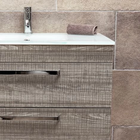 Hollton 800mm Grey Wood Effect Wall Hung 2 Drawer Vanity Unit With White Glass Sink 5 Hollton 800mm Grey Wood Effect Wall Hung 2 Drawer Vanity Unit With White Glass Sink - Image 3