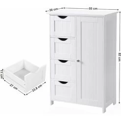 VASAGLE Bathroom Floor Storage Cabinet, Wooden Storage Unit With 4 Drawers, Single Door, Adjustable Shelf, For Living Room, Kitchen, Entryway, White By SONGMICS LHC41W -Comfort Bathroom Store 8617016 5