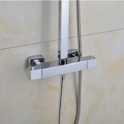Square Thermostatic Shower Stick Mixing Valve Faucet Chrome Bathroom Double Outlet -Comfort Bathroom Store 86503866 5