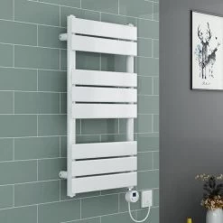 WarmeHaus Juva Flat Panel Dual Fuel Electric Thermostatic Heated Towel Rail Radiator 800x450mm White With 300W LCD White Electric Element