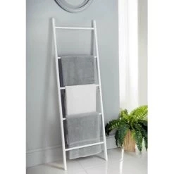 Tall Wooden Blanket Towel Ladder 5 Rungs Hooks Bathroom Rack Decor Shelf