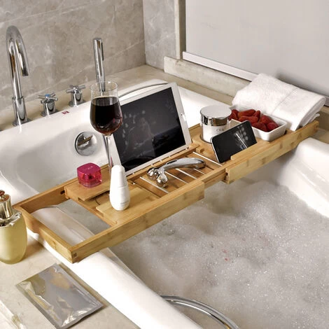 Livingandhome Bamboo Bath Caddy With Phone Laptop PC Stand 3 Livingandhome Bamboo Bath Caddy With Phone Laptop PC Stand