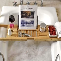 Livingandhome Bamboo Bath Caddy With Phone Laptop PC Stand 8 Livingandhome Bamboo Bath Caddy With Phone Laptop PC Stand -Comfort Bathroom Store 90525221 2