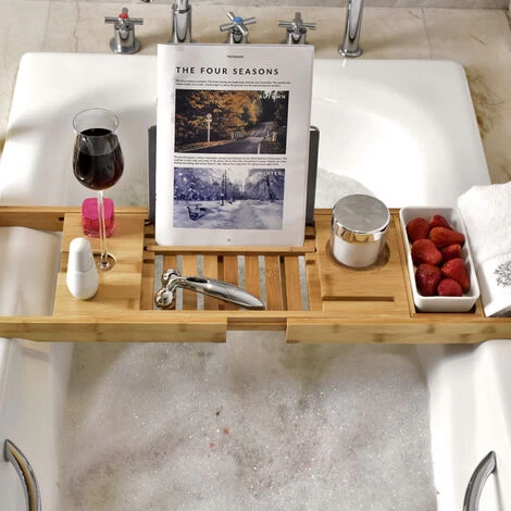 Livingandhome Bamboo Bath Caddy With Phone Laptop PC Stand 4 Livingandhome Bamboo Bath Caddy With Phone Laptop PC Stand - Image 2