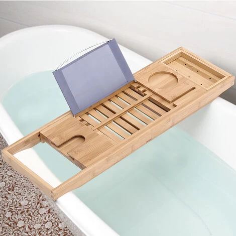 Livingandhome Bamboo Bath Caddy With Phone Laptop PC Stand 5 Livingandhome Bamboo Bath Caddy With Phone Laptop PC Stand - Image 3