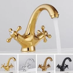 Traditional Victorian Integral Basin Faucet Vintage Double Cross Handle Bathroom Faucet, Gold -Comfort Bathroom Store 90738751 3