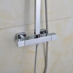 Square Thermostatic Shower Stick Mixing Valve Faucet Chrome Bathroom Double Outlet -Comfort Bathroom Store 90741259 5
