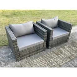 Fimous 2 PC Outdoor Rattan Single Sofa Chair Garden Furniture With Seat And Back Cushion Dark Grey Mixed