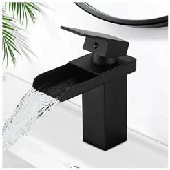 Matte Black Waterfall Bathroom Faucet, Brass Single Handle Basin Faucet With Cold And Hot Water Available, Ceramic Valve, Concave Waterfall Design Bathroom Faucet, G 3/8