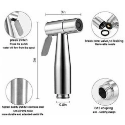 Handheld Bidet Sprayer, Brushed Nickel Stainless Steel Sprayer Set, Bathroom Diaper Cleaner, Portable Stainless Steel Shower Nozzle -Comfort Bathroom Store 91165351 2