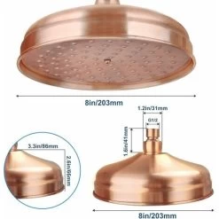Copper Shower Head, 20cm (8 Inch) Diameter, High Pressure Fixed Shower Head With Adjustable Angle Shower Head Rain Shower Head - Gold -Comfort Bathroom Store 91889414 4