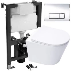 Wall Hung Rimless Toilet Pan & Seat With 0.82m - 1.0m Low Height Concealed Cistern WC Frame