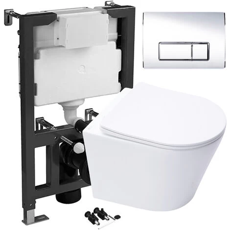 Wall Hung Rimless Toilet Pan & Seat With 0.82m - 1.0m Low Height Concealed Cistern WC Frame 3 Wall Hung Rimless Toilet Pan & Seat With 0.82m - 1.0m Low Height Concealed Cistern WC Frame