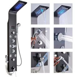 Black Hydro-Massage Shower Column Panel With LCD Display And Hand Shower And 8 Massaging Nozzles Stainless Steel Multi-Functional Shower System For Bathrooms -Comfort Bathroom Store 92849008 3