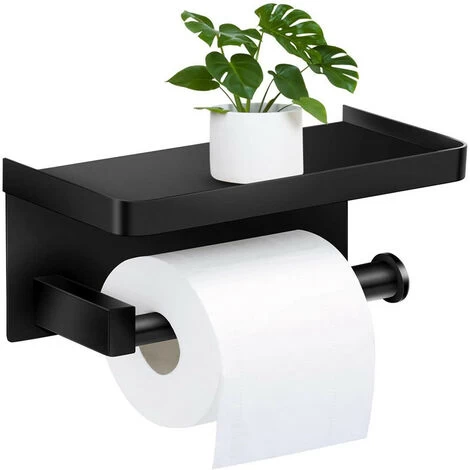 Black Self Adhesive Toilet Roll Holder With Shelf, Wall Mounted Toilet Paper Holder For Bathroom, Stainless Steel, WC Toilet Paper Holder Without Drilling 4 Black Self Adhesive Toilet Roll Holder With Shelf, Wall Mounted Toilet Paper Holder For Bathroom, Stainless Steel, WC Toilet Paper Holder Without Drilling - Image 2