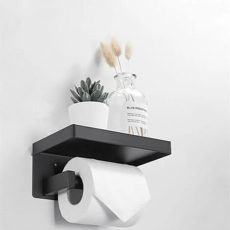 Black Self Adhesive Toilet Roll Holder With Shelf, Wall Mounted Toilet Paper Holder For Bathroom, Stainless Steel, WC Toilet Paper Holder Without Drilling 5 Black Self Adhesive Toilet Roll Holder With Shelf, Wall Mounted Toilet Paper Holder For Bathroom, Stainless Steel, WC Toilet Paper Holder Without Drilling - Image 3