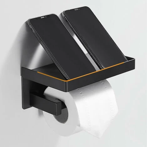 Black Self Adhesive Toilet Roll Holder With Shelf, Wall Mounted Toilet Paper Holder For Bathroom, Stainless Steel, WC Toilet Paper Holder Without Drilling 6 Black Self Adhesive Toilet Roll Holder With Shelf, Wall Mounted Toilet Paper Holder For Bathroom, Stainless Steel, WC Toilet Paper Holder Without Drilling - Image 4