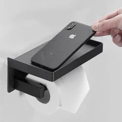 Black Self Adhesive Toilet Roll Holder With Shelf, Wall Mounted Toilet Paper Holder For Bathroom, Stainless Steel, WC Toilet Paper Holder Without Drilling 11 Black Self Adhesive Toilet Roll Holder With Shelf, Wall Mounted Toilet Paper Holder For Bathroom, Stainless Steel, WC Toilet Paper Holder Without Drilling -Comfort Bathroom Store 93525050 5