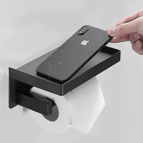 Black Self Adhesive Toilet Roll Holder With Shelf, Wall Mounted Toilet Paper Holder For Bathroom, Stainless Steel, WC Toilet Paper Holder Without Drilling 7 Black Self Adhesive Toilet Roll Holder With Shelf, Wall Mounted Toilet Paper Holder For Bathroom, Stainless Steel, WC Toilet Paper Holder Without Drilling - Image 5
