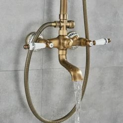 Wall Mount Antique Brass 8'' Round Shower Head Triple Function Exposed Pipe Shower System Mixer Shower Faucet Sets With 2 Lever Knobs Handheld Sprayer With Tub Spout -Comfort Bathroom Store 93564450 4
