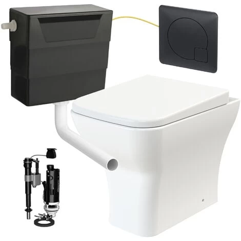Square Rimless Back To Wall Toilet Pan With Soft Close Seat & Concealed Cistern Black Plate Button 3 Square Rimless Back To Wall Toilet Pan With Soft Close Seat & Concealed Cistern Black Plate Button