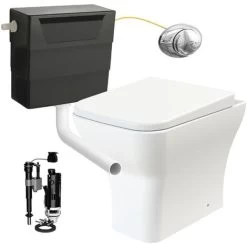 Square Rimless Back To Wall Toilet Pan With Soft Close Seat & Concealed Cistern Chrome Push Button