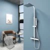 Biubiubath Thermostat Shower System With 8 Inch Rainfall Shower Head, Adjustable Height Riser Rail And Square Thermostatic Shower Mixer Set, Anti-Scald, Chrome Plated